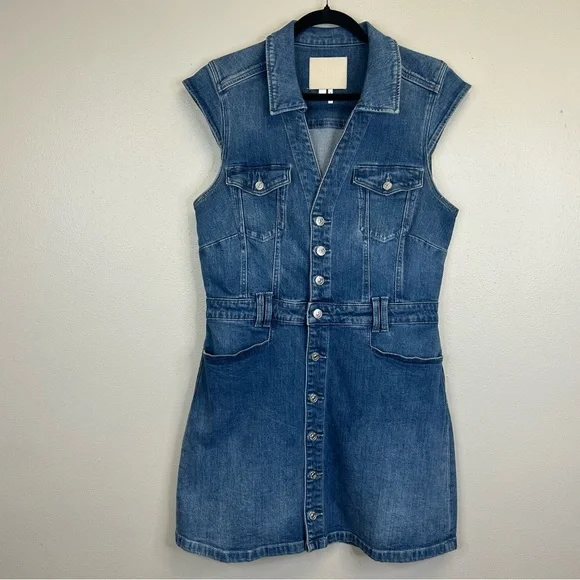 PAIGE Jaxson Blue Denim Mini Dress Womens 10 Vneck Cotton Pockets Classic - Picture 3 of 12